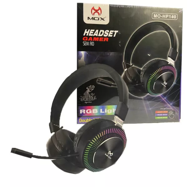 Fone de Ouvido Headset Gamer sem FIO RGB Double MIC MOX Mo-hp140